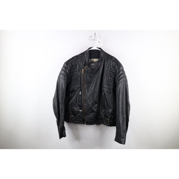 Vtg 70s Streetwear Mens 46 Heavyweight Padded Leather Buckle Motorcycle Jacket